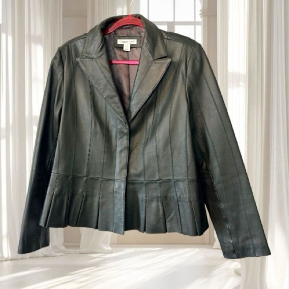 Coldwater Creek Green 100% Leather Pleated Blazer Jacket Size 14